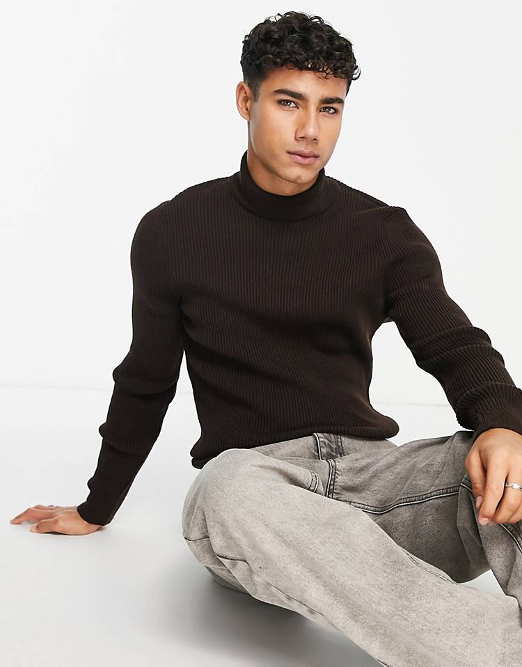 New Look ribbed muscle fit turtle neck sweater in dark brown